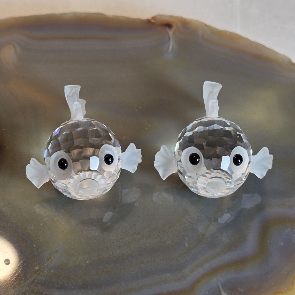 Swarovski Silver Crystal Blowfish Puffer Fish Pair (2) 7644 NR 030 w/ 1 Canister